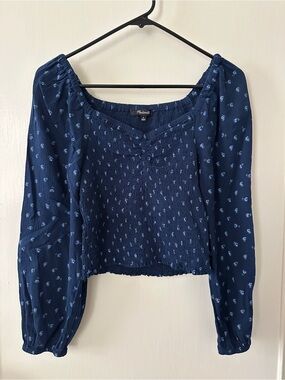 Madewell Navy Blue Smocked Long-Sleeve Peasant Top